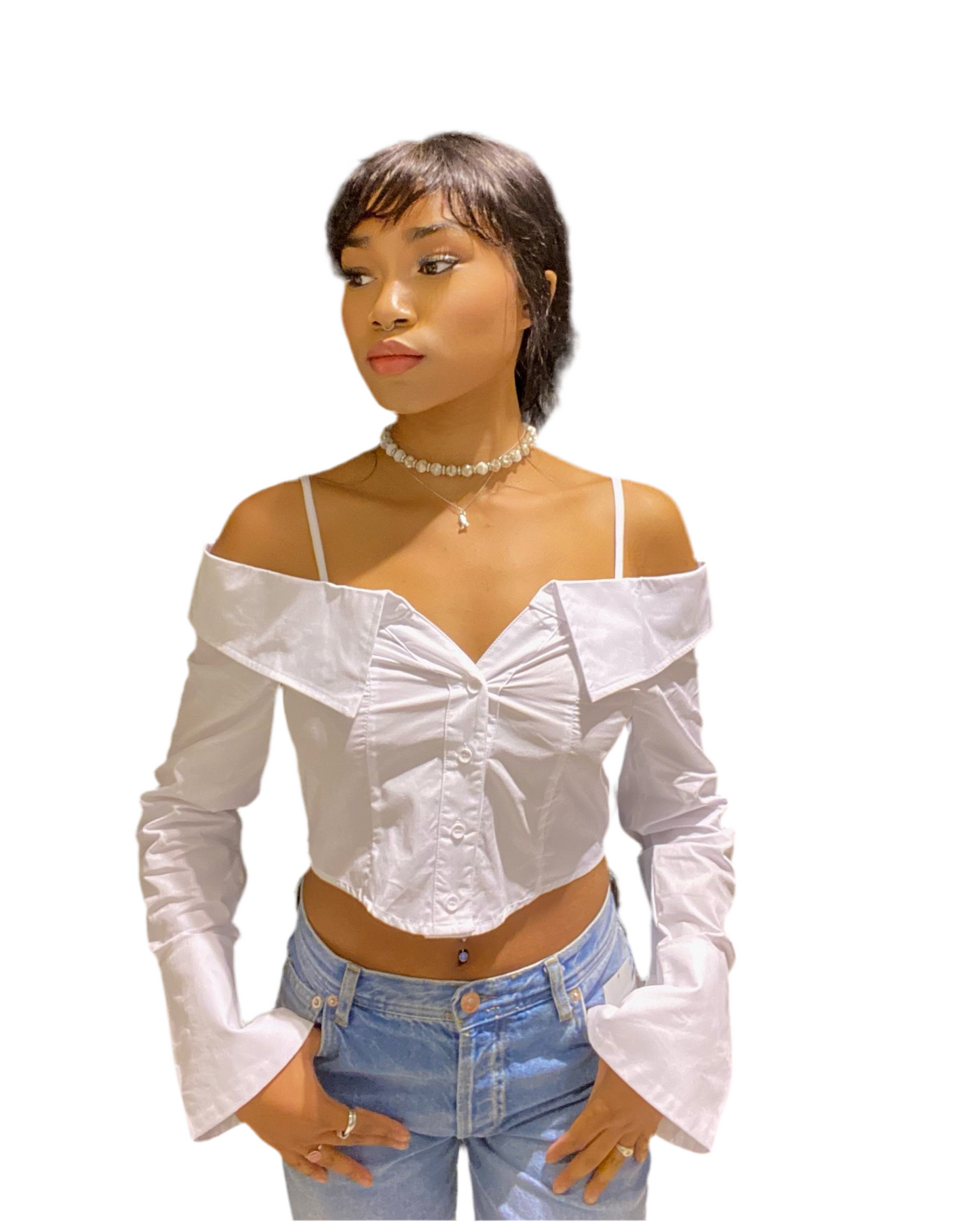 8586: OFF THE SHOULDER CROP BUTTON UP SHIRT