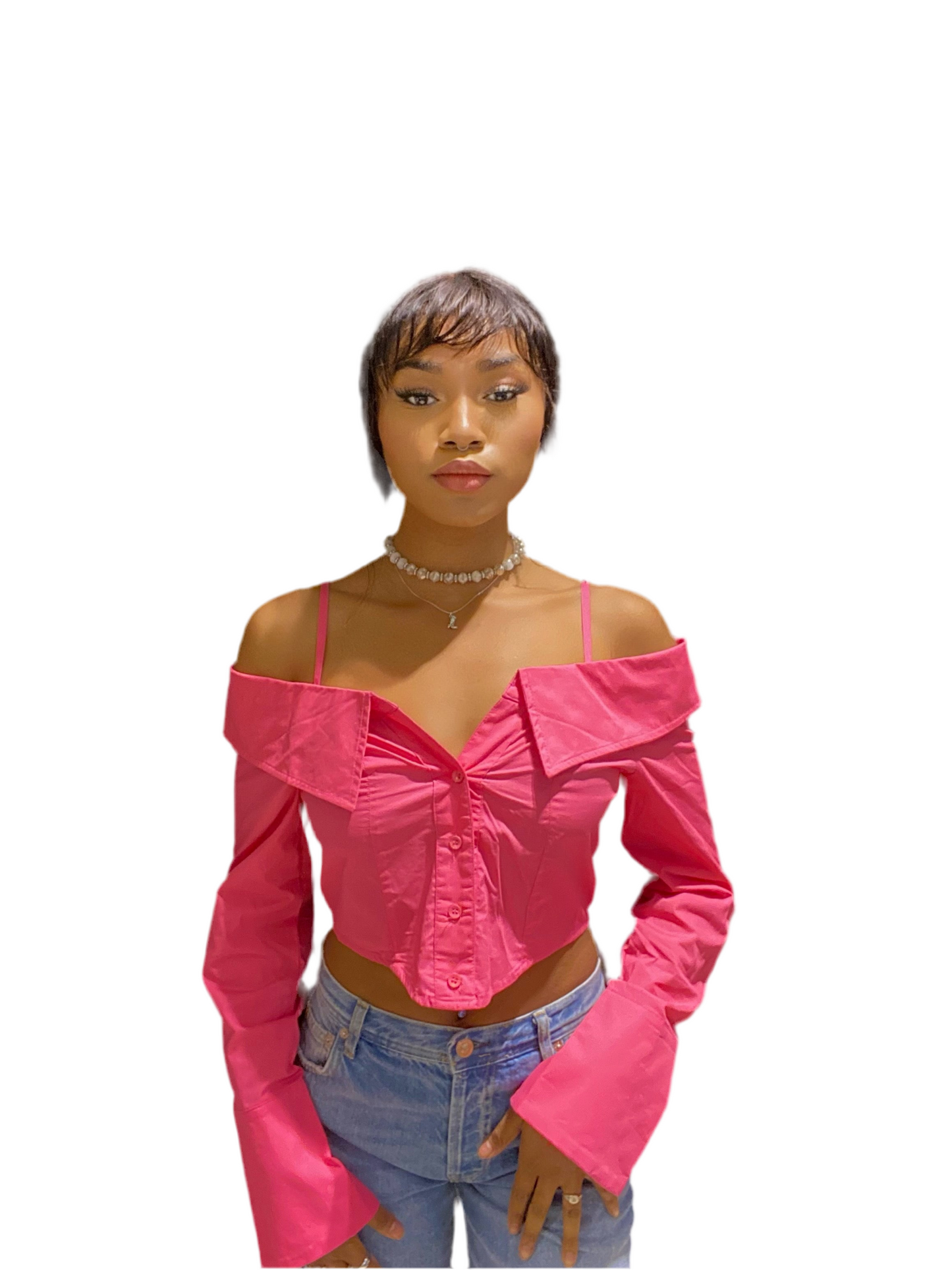 8586: OFF THE SHOULDER CROP BUTTON UP SHIRT
