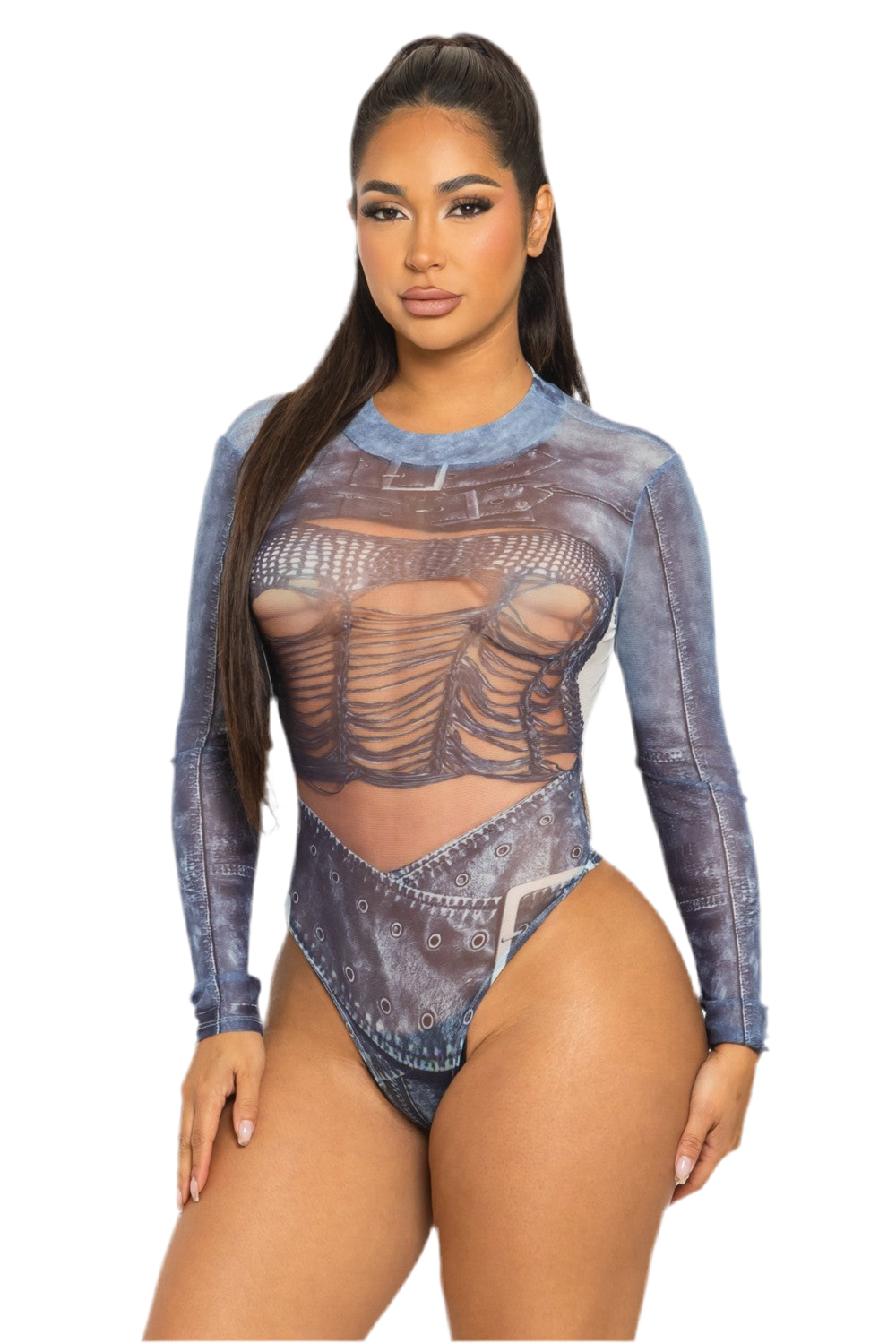 BOHO: SHEER FAUX DENIM BODYSUIT