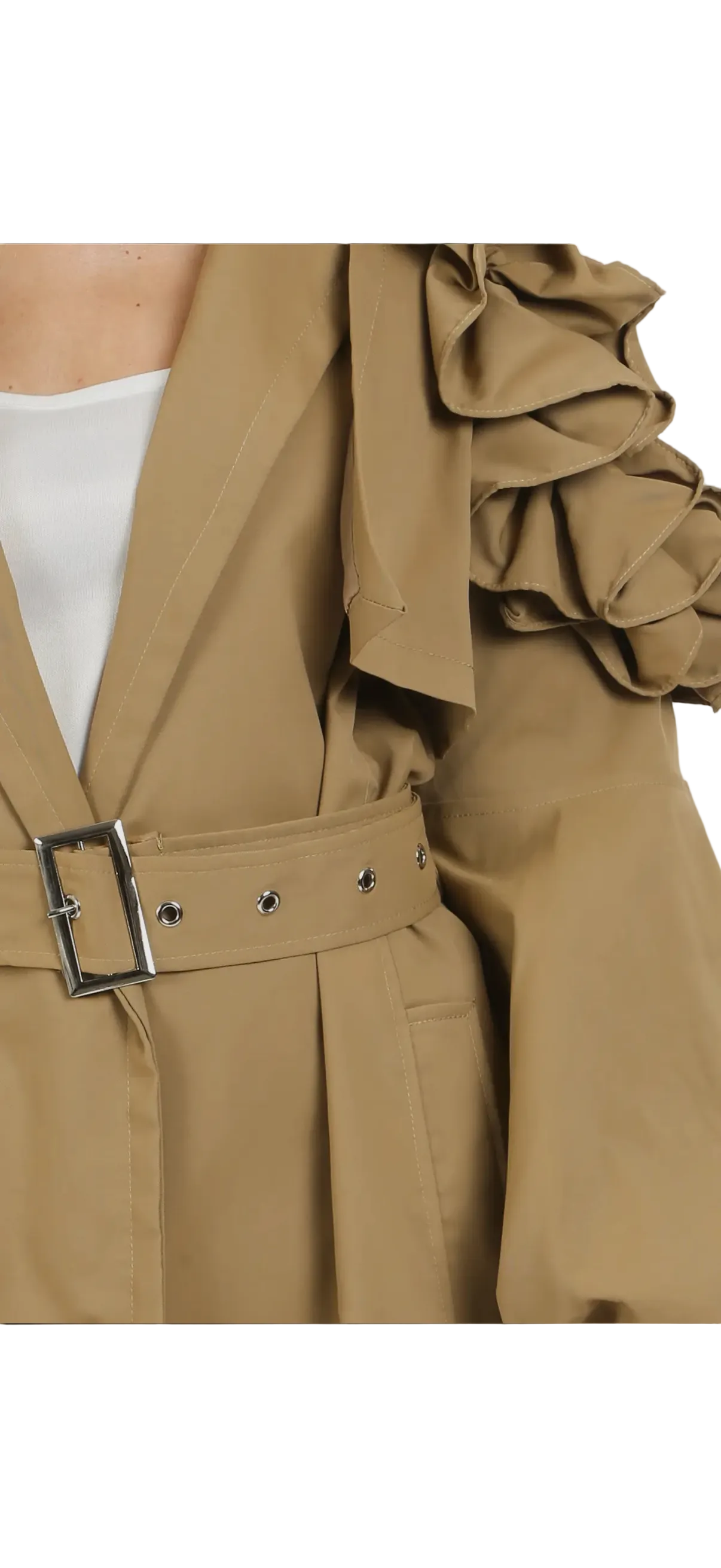 BEULAH STYLE: RUFFLE DETAIL BELTED TRENCH COAT
