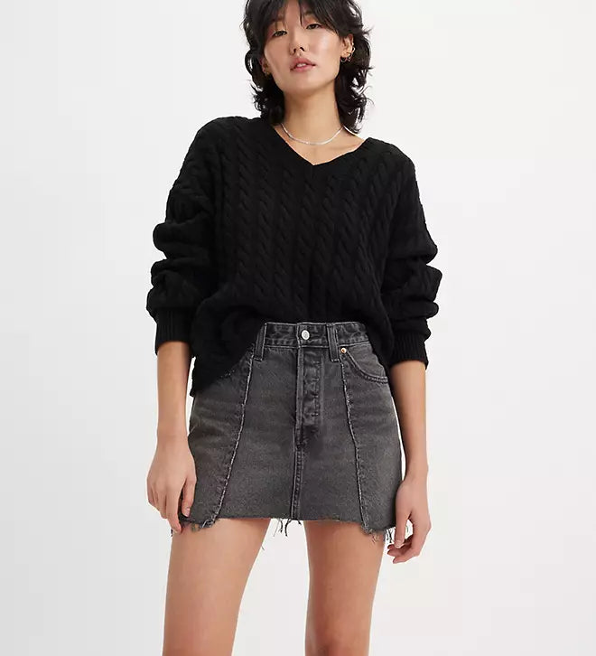 LEVIS: Recrafted Icon Raw Hem Denim Miniskirt (front view on model)