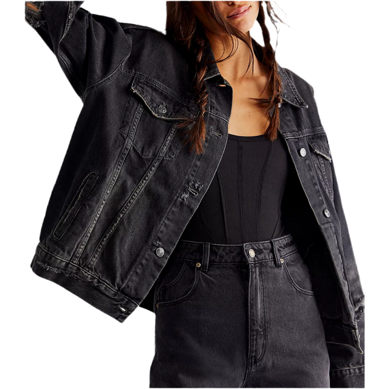 FREE PEOPLE: JOLINE TRUCKER JACKET WASHED BLACK