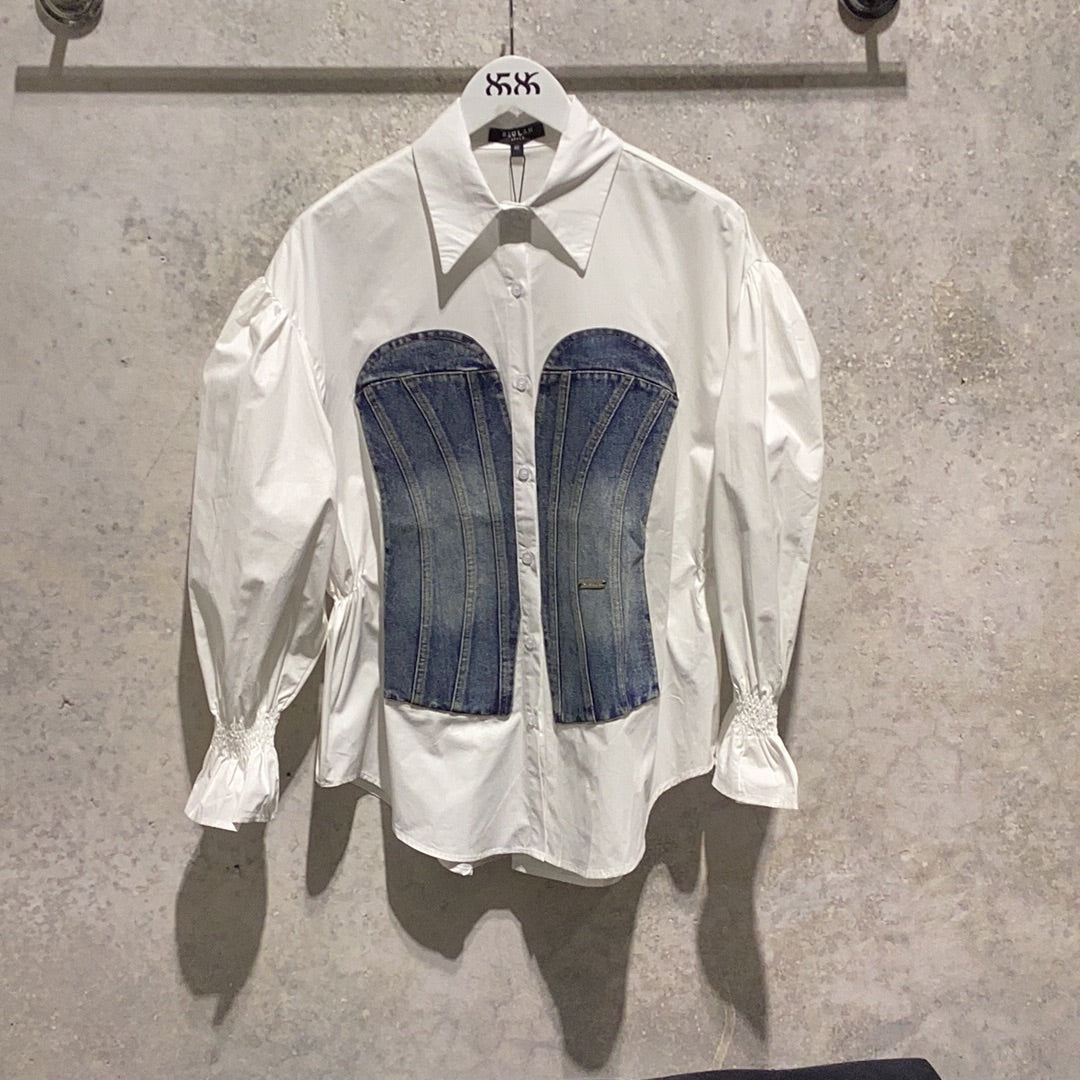 BEULAH: DENIM CORSET BUTTON DOWN SHIRT