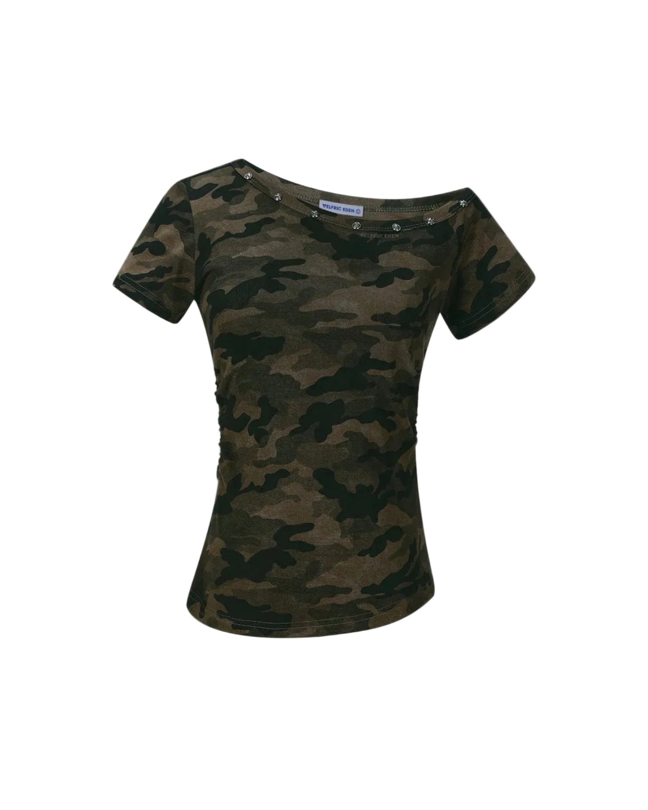 AELFRIC EDEN: CAMO OFF-THE-SHOULDER BABY TEE