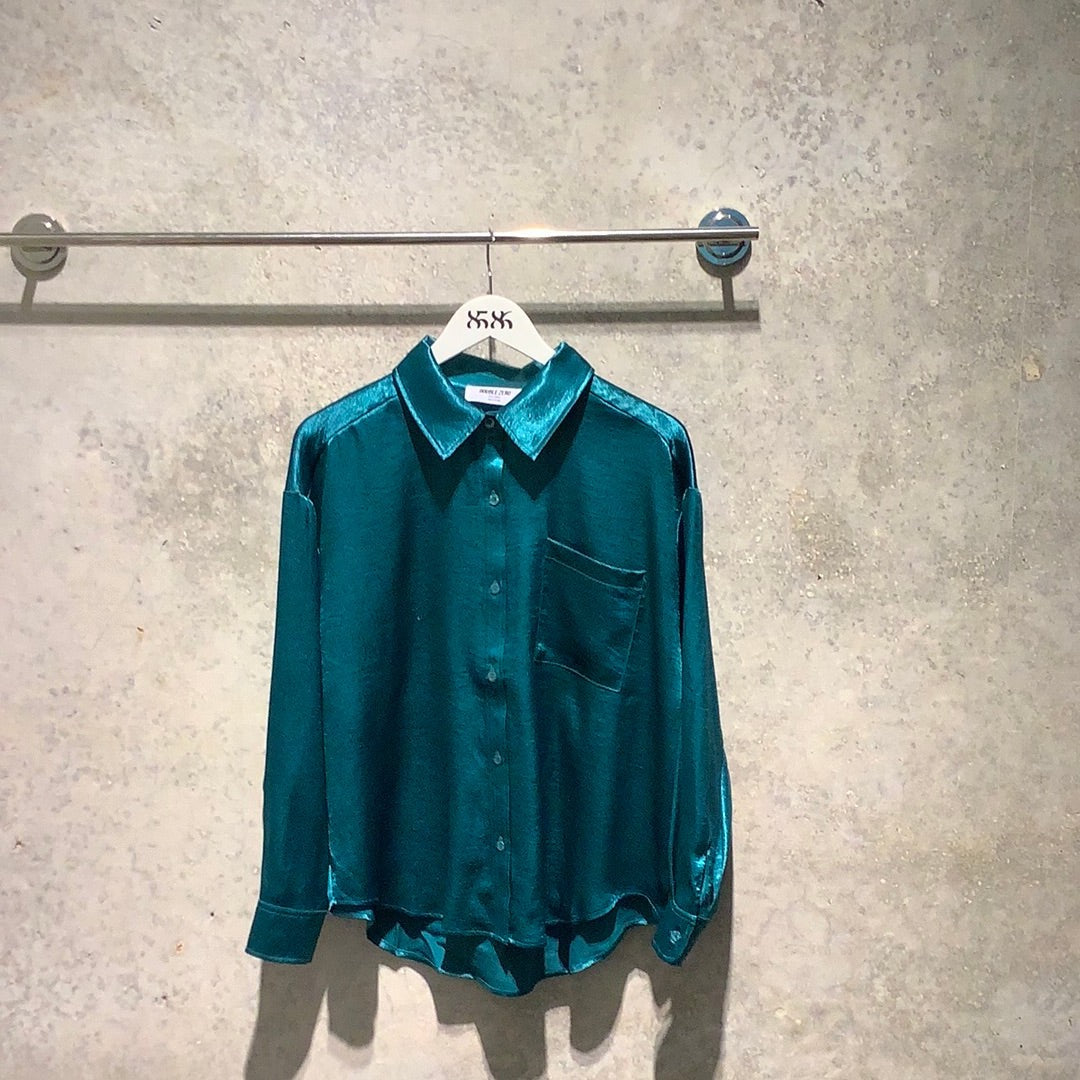 WOMENS TEAL SATIN SILKY LONG SLEEVE BLIOUSE