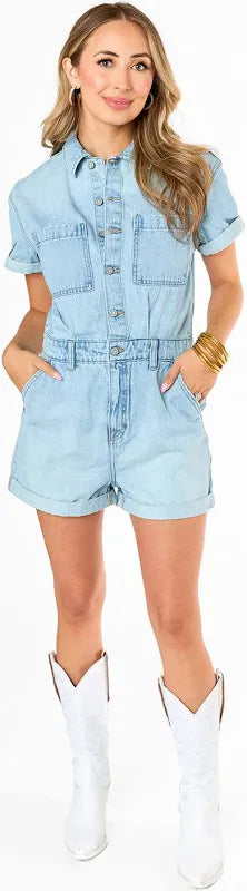 HIDDEN: Dylan Denim Romper Light Wash