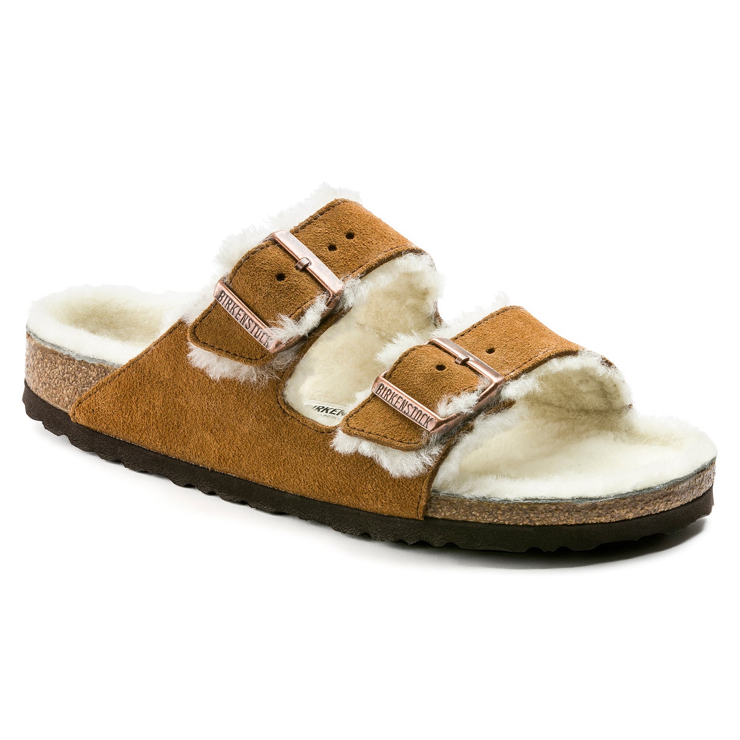 BIRKENSTOCK: ARIZONA SHEARLING SUEDE SANDAL (mink natural up close view)