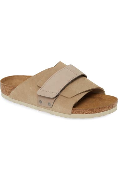 BIRKENSTOCK: KYOTO SLIDE SANDAL (taupe up close view)