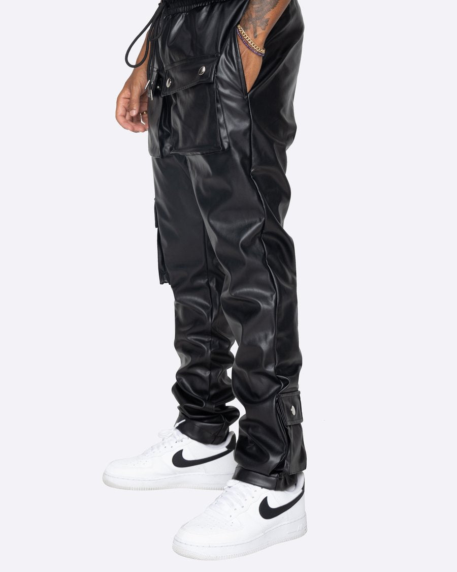 EPTM BLACK CARGO VEGAN LEATHER PANTS - 8586 (side view)