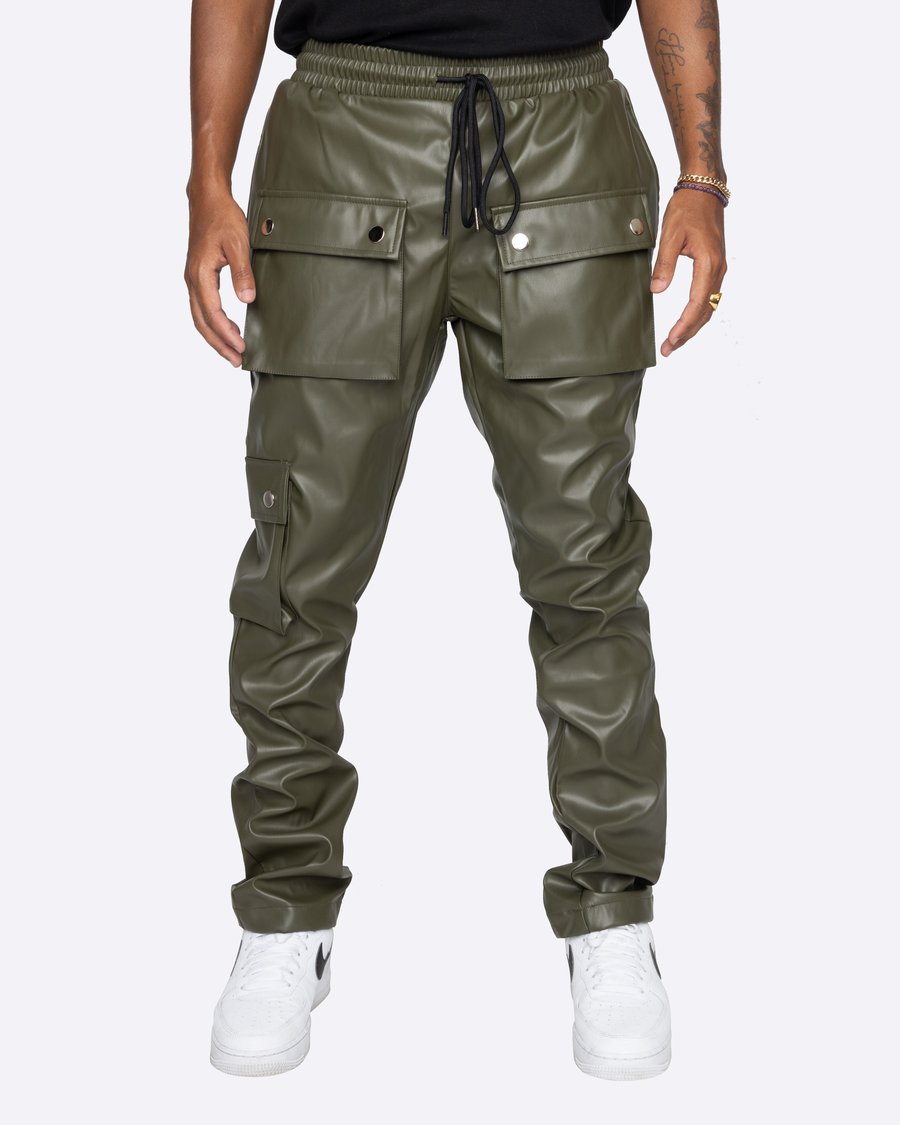 EPTM GOPACHI FAUX LEATHER OLIVE CARGO PANTS - 8586