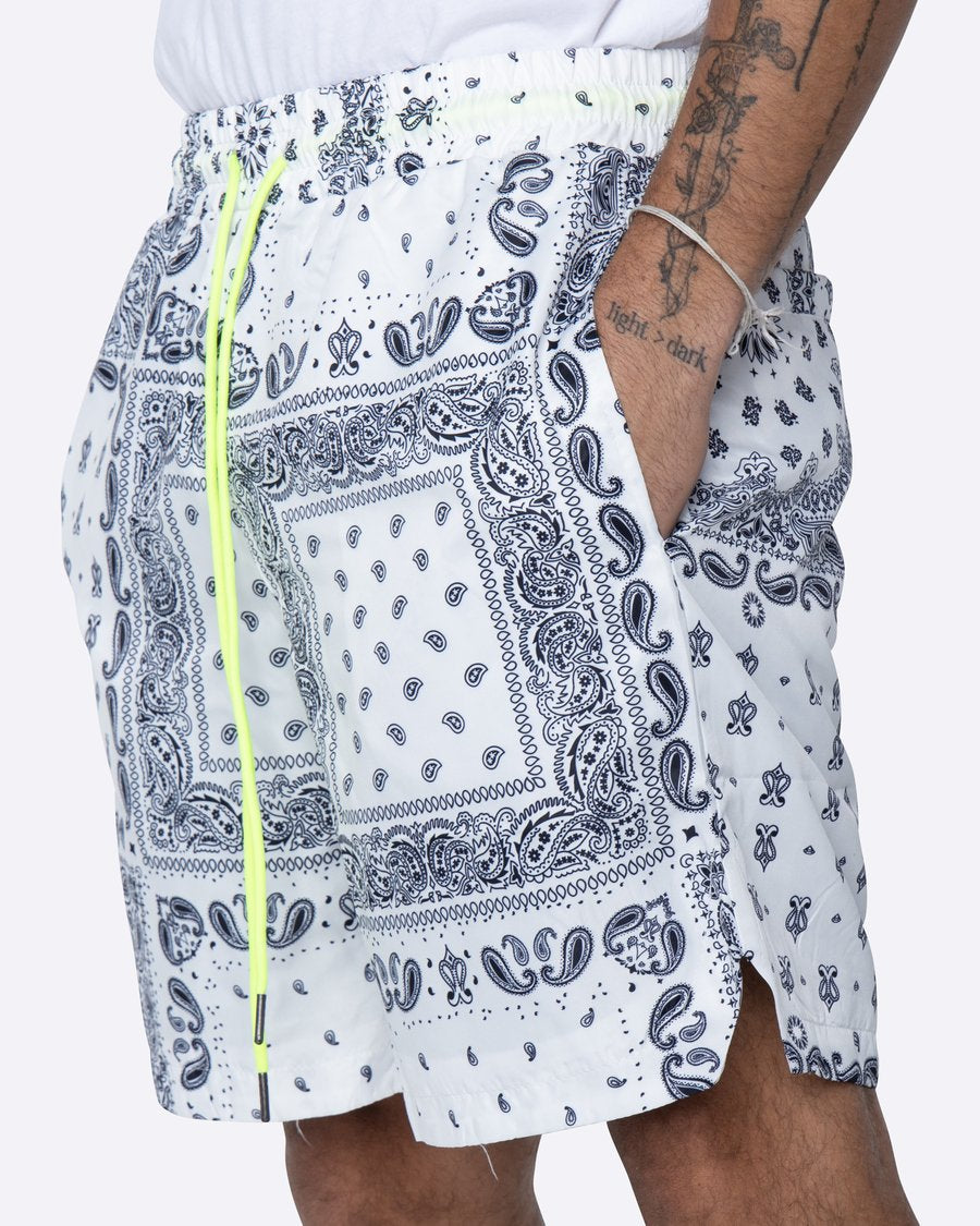 MEN'S WHITE BANDANA SHORTS WITH NEON YELLOW DRAWSTRING - 8586