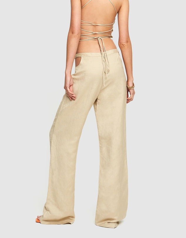 LIONESS WOMEN'S LINEN CUT OUT PANTS BEIGE - 8586 (back view)