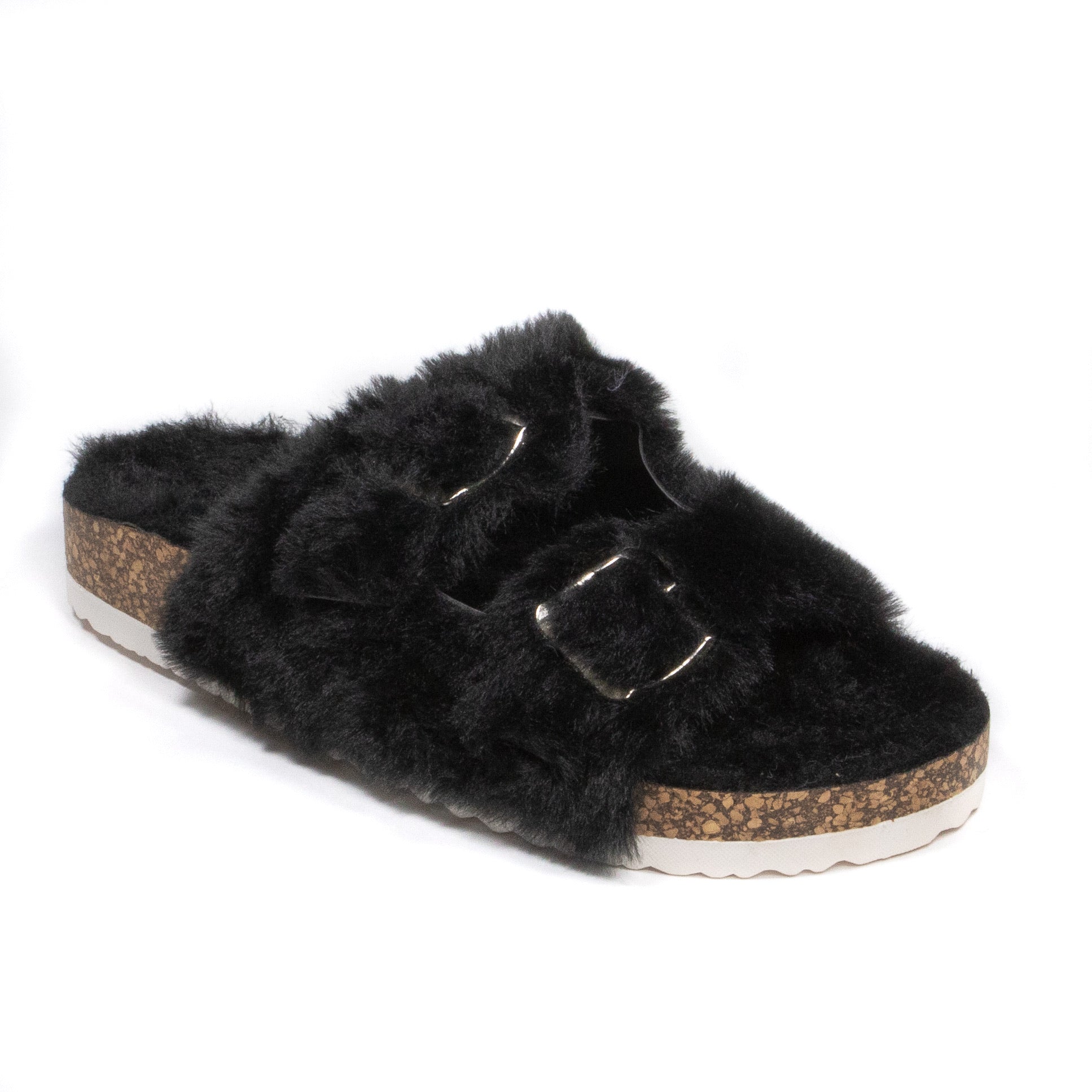 BOHO: FAUX FUR LINED STRAP SANDAL (BLACK)