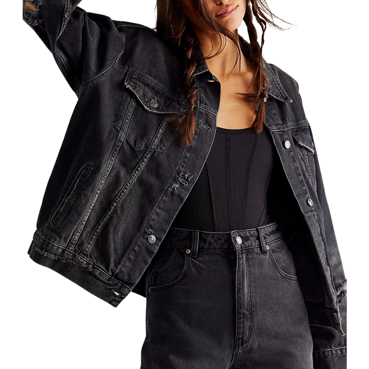 Free people black denim jacket on sale