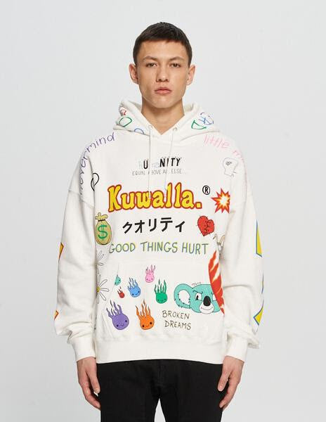 KUWALLA: WHITE MASH UP HOODIE (Front view)