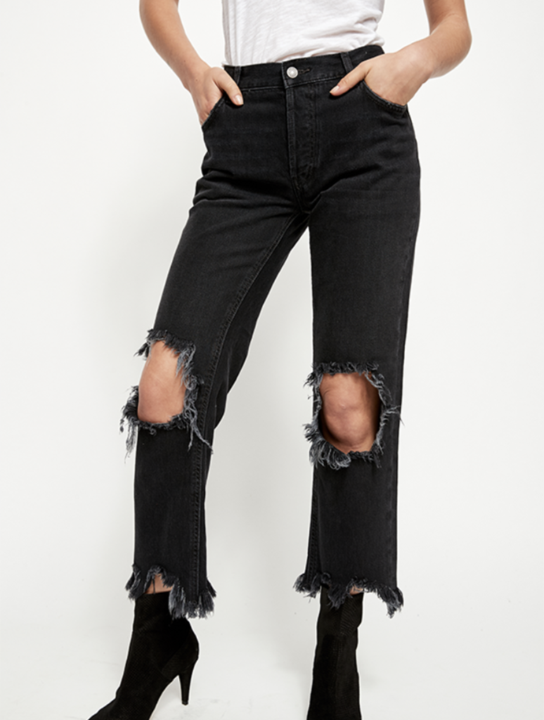 FREE PEOPLE: DISTRESSED BLACK MAGGIE JEANS - Main Image