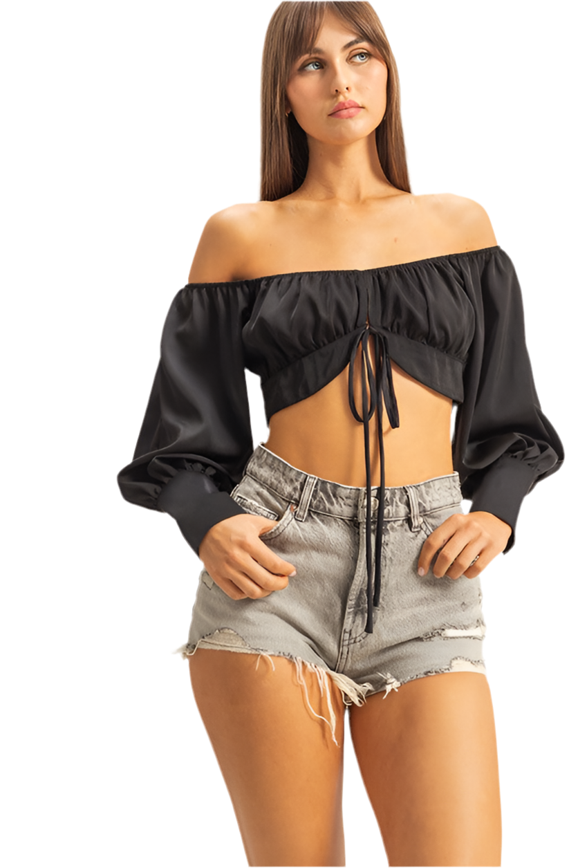 8586: Off-Shoulder Satin Crop Top – 85 86 eightyfiveightysix