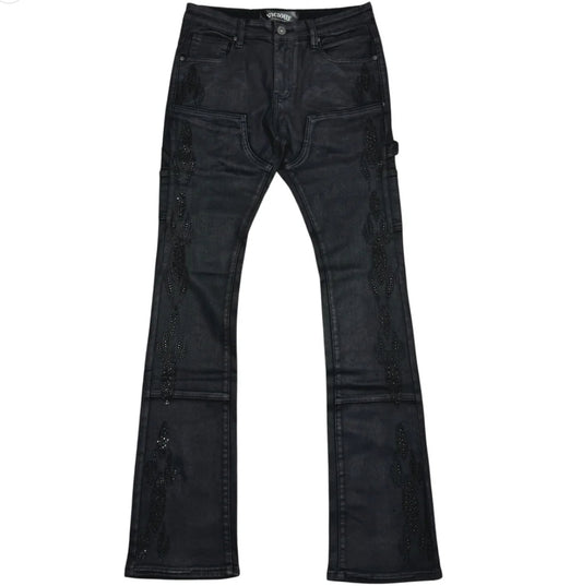 VICIOUS DENIM: WAX  COATED BLACK STUDDED JEANS