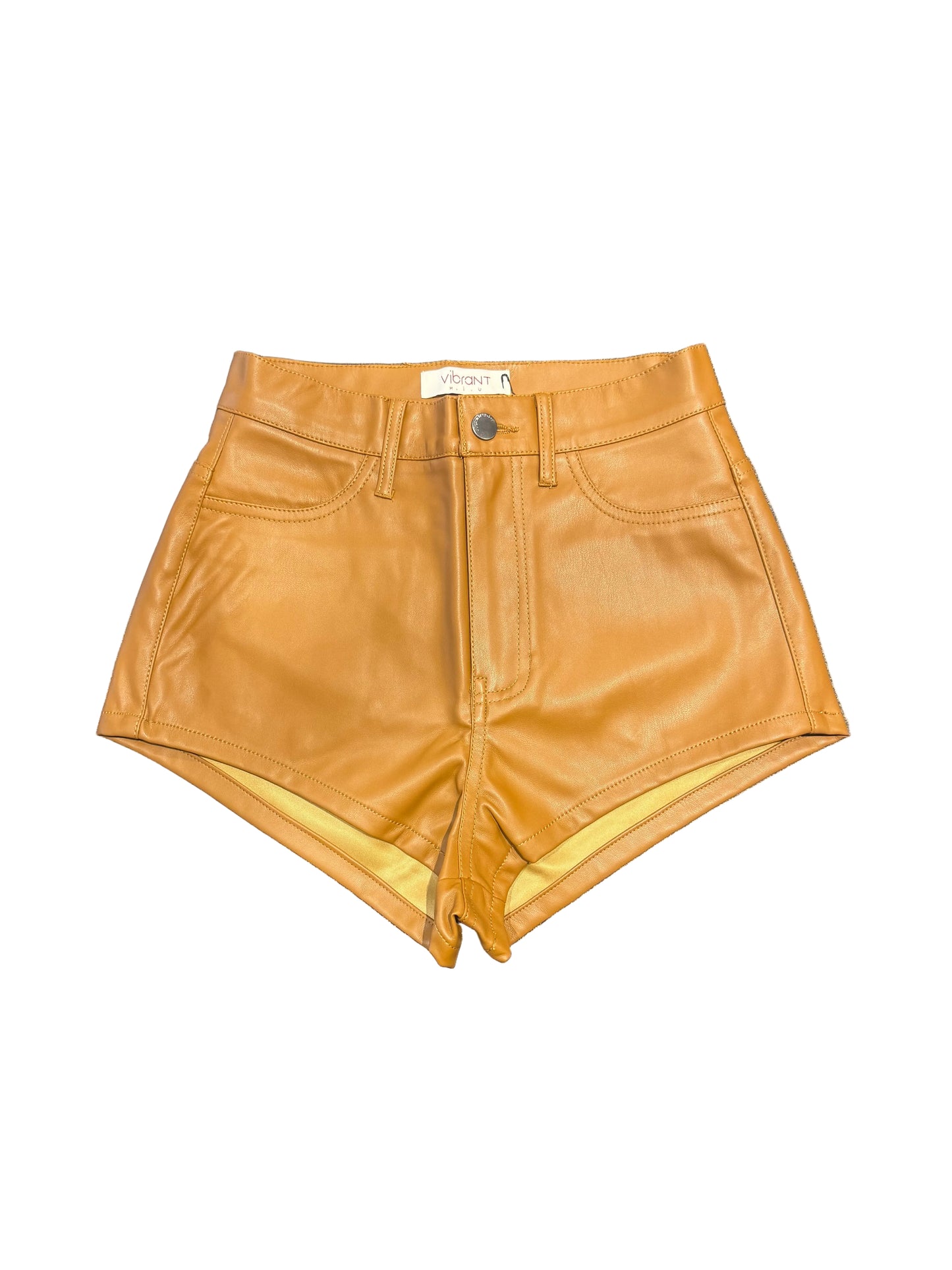 VIBRANT MIU: LEATHER PU CAMEL SHORTS