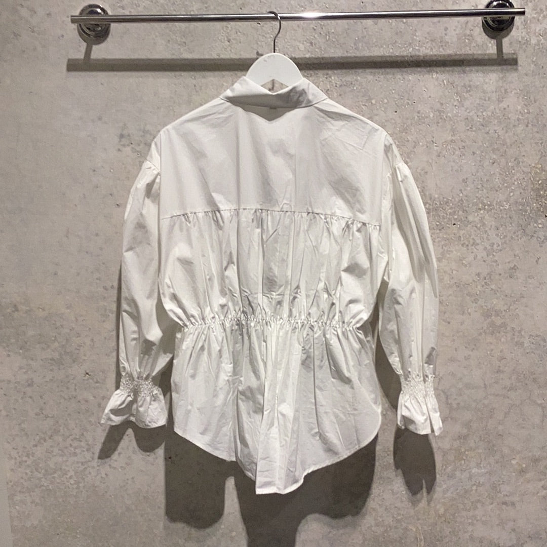 BEULAH: DENIM CORSET BUTTON DOWN SHIRT (white back view)