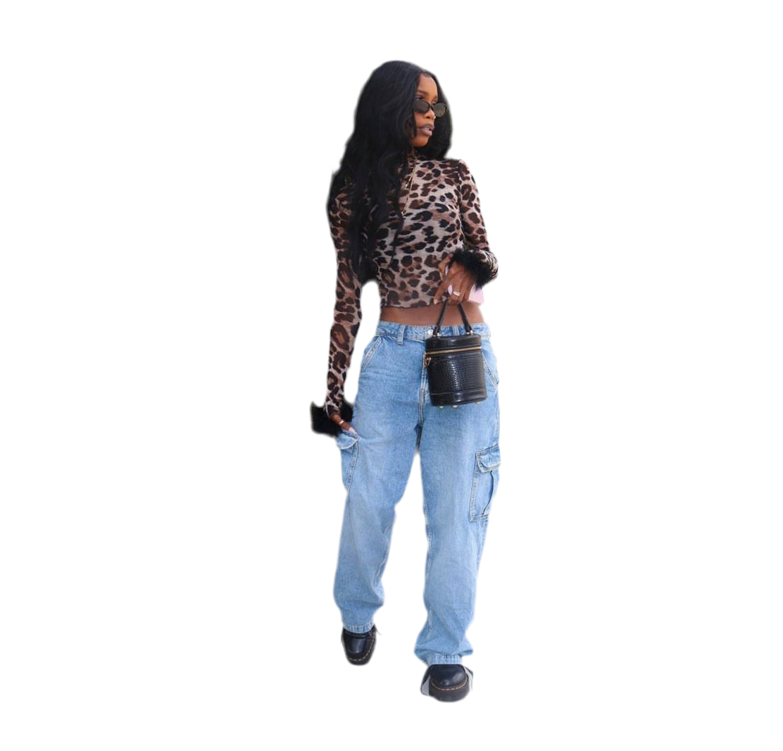 8586: ANIMAL PRINT FEATHERED CROP TOP