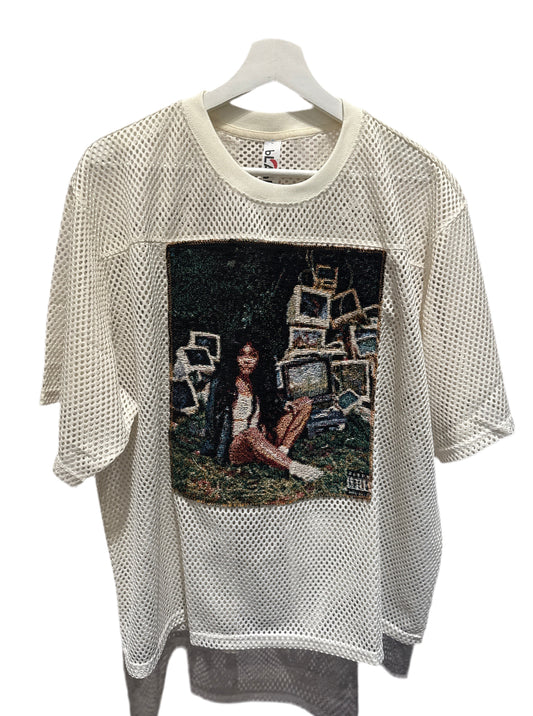 ANGEL GENTLE: SZA JERSEY MESH TAPESTRY TOP