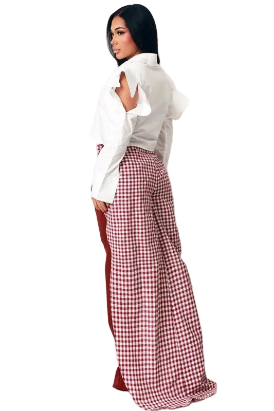 8586: GINGHAM WIDE LEG TROUSERS