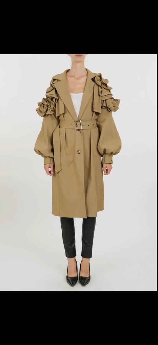 BEULAH STYLE: RUFFLE DETAIL BELTED TRENCH COAT