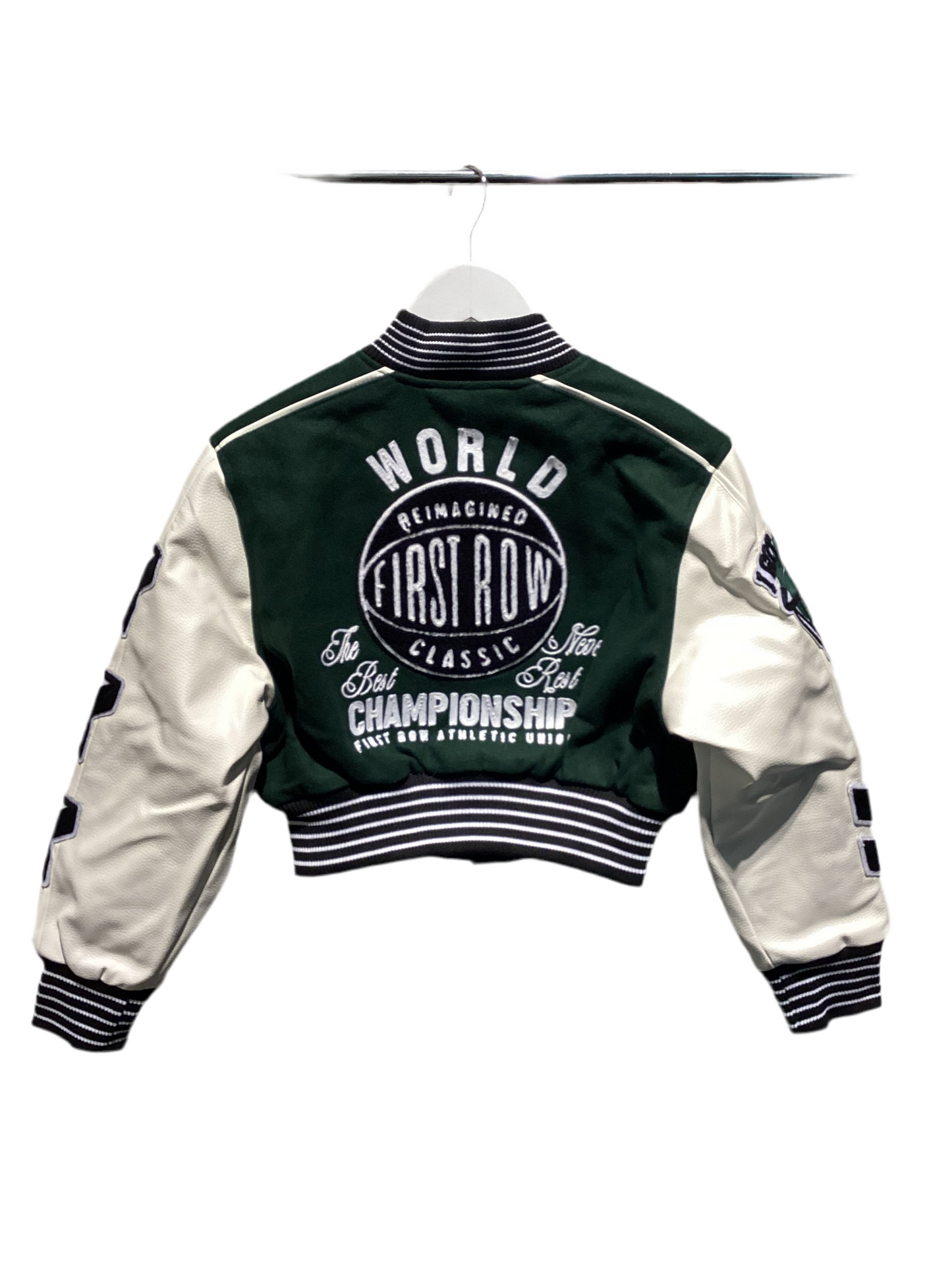 FIRST ROW: THE BEST NEVER REST CROPPED VARSITY JACKET