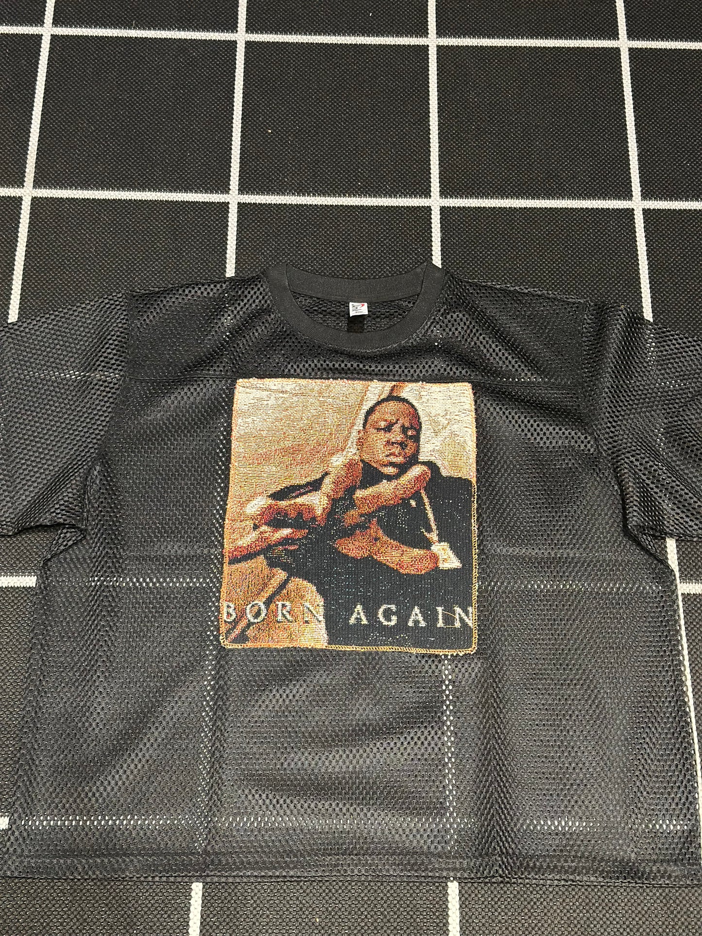 ANGEL GENTLE: JERSEY MESH TAPESTRY TOP- BLACK