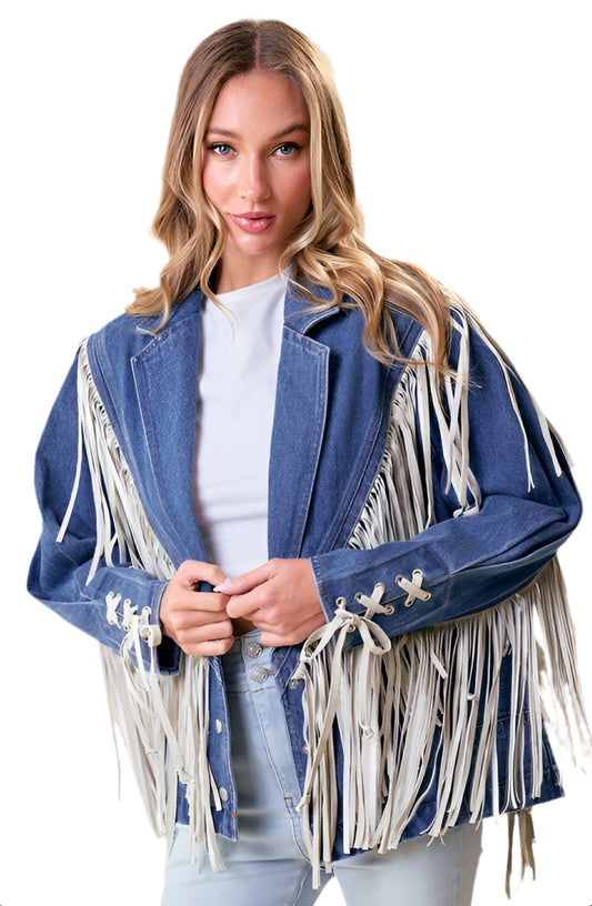 SAINTS AND HEARTS: FRINGE DENIM BLAZER JACKET