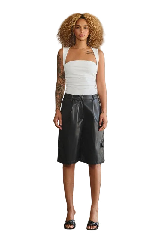 8586: VEGAN LEATHER CARGO BERMUDA SHORTS