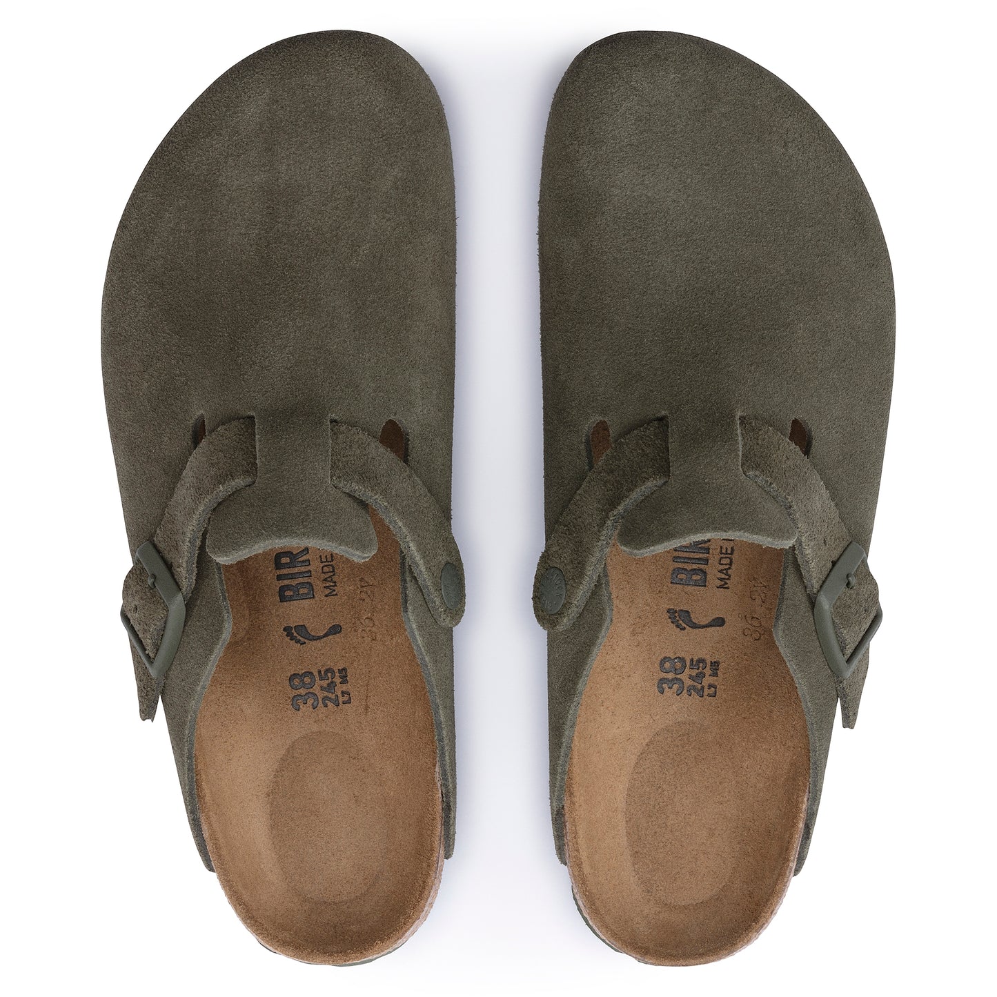 BIRKENSTOCK: MENS BOSTON SUEDE LEATHER CLOG (olive top view)