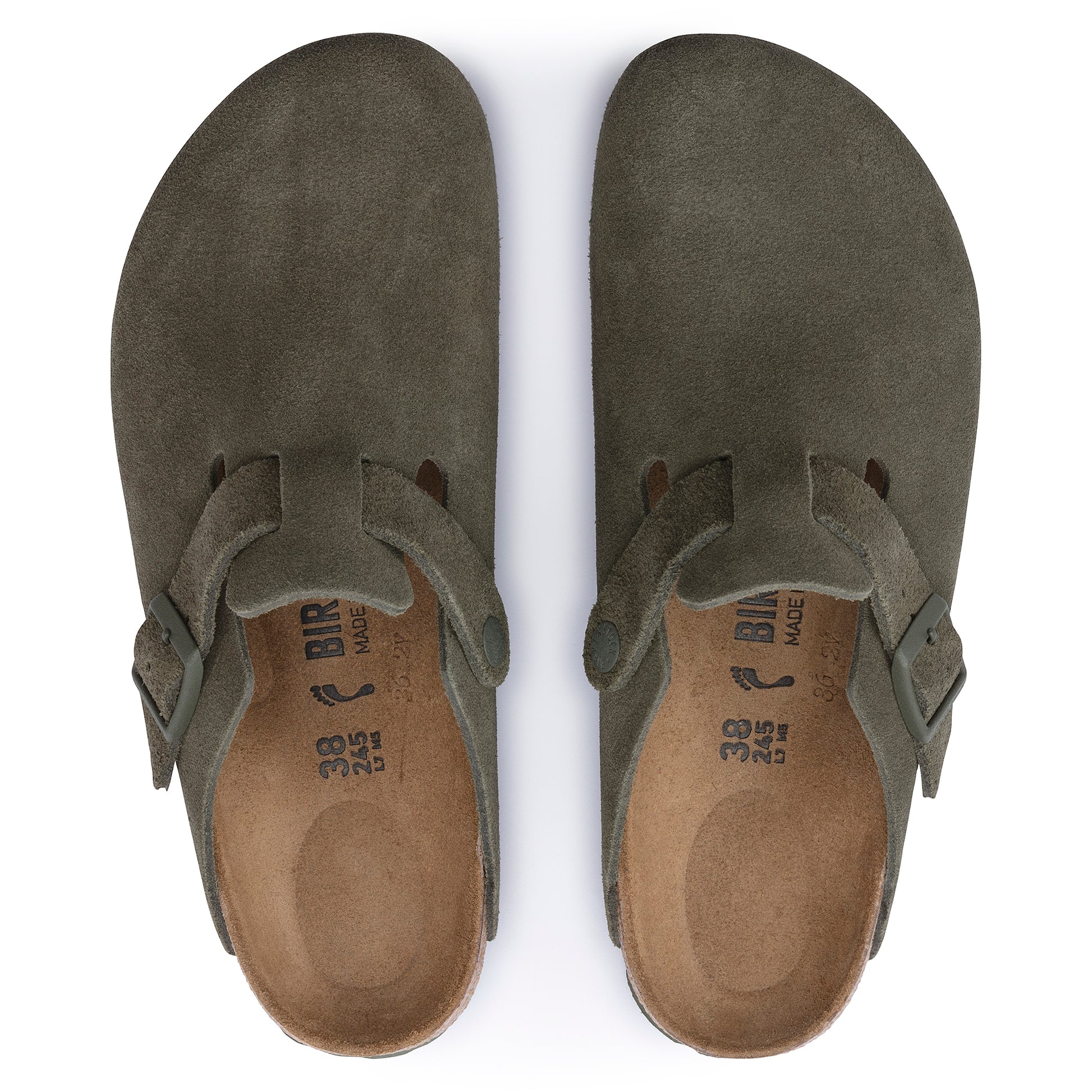 BIRKENSTOCK: MENS BOSTON SUEDE LEATHER CLOG (olive top view)