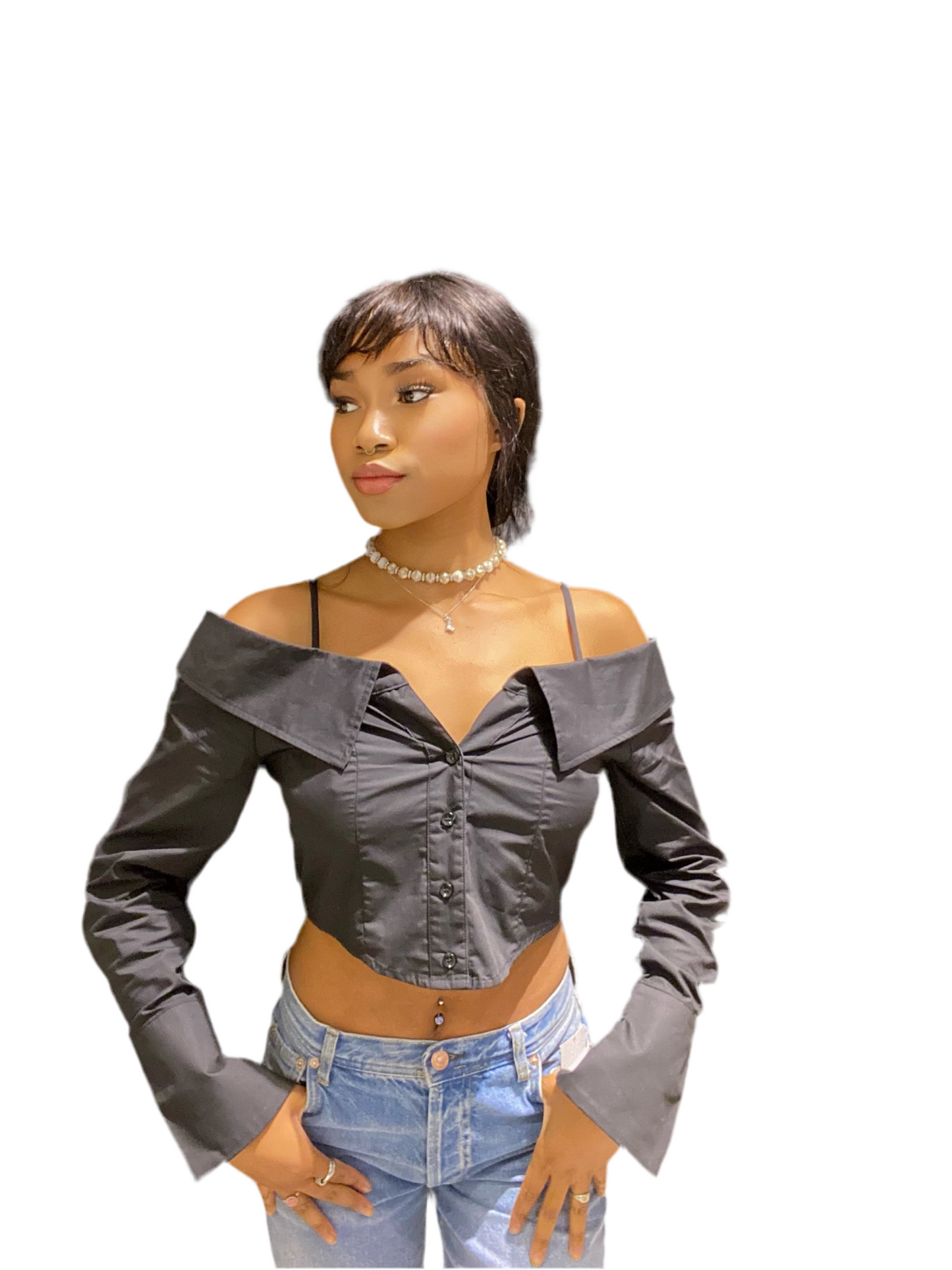 8586: OFF THE SHOULDER CROP BUTTON UP SHIRT