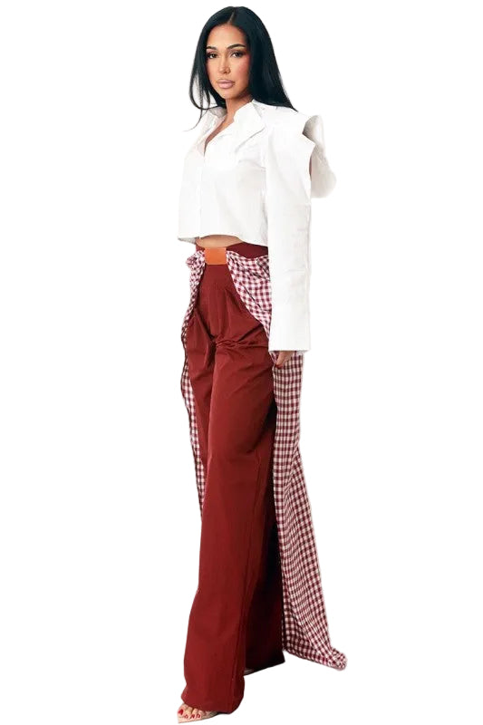 8586: GINGHAM WIDE LEG TROUSERS