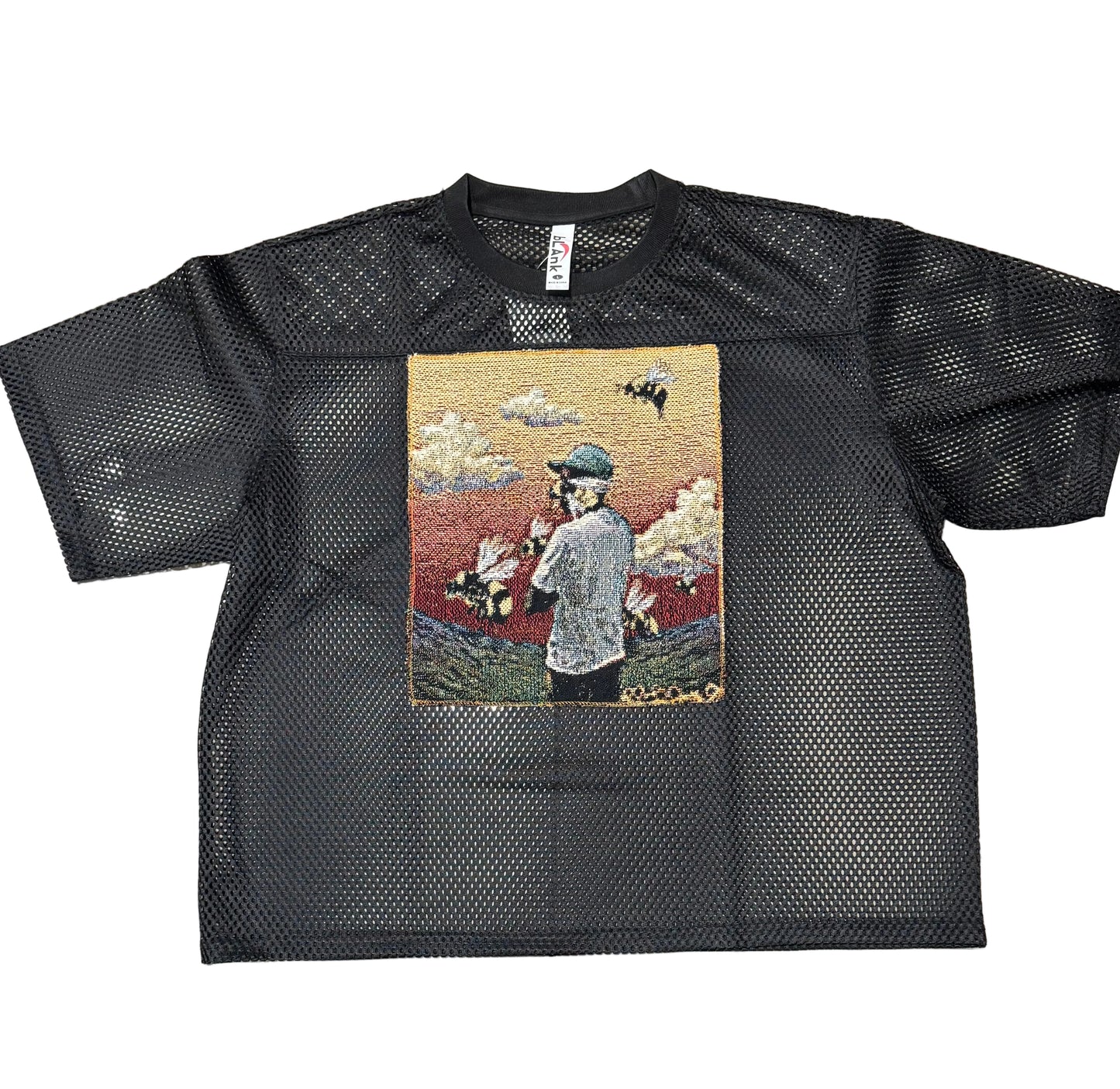 ANGEL GENTLE: JERSEY MESH TAPESTRY TOP - BLACK