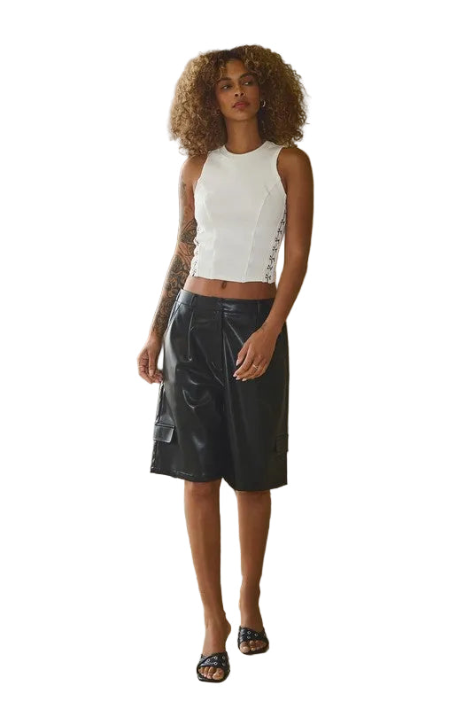 8586: VEGAN LEATHER CARGO BERMUDA SHORTS
