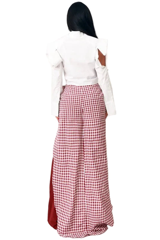 8586: GINGHAM WIDE LEG TROUSERS