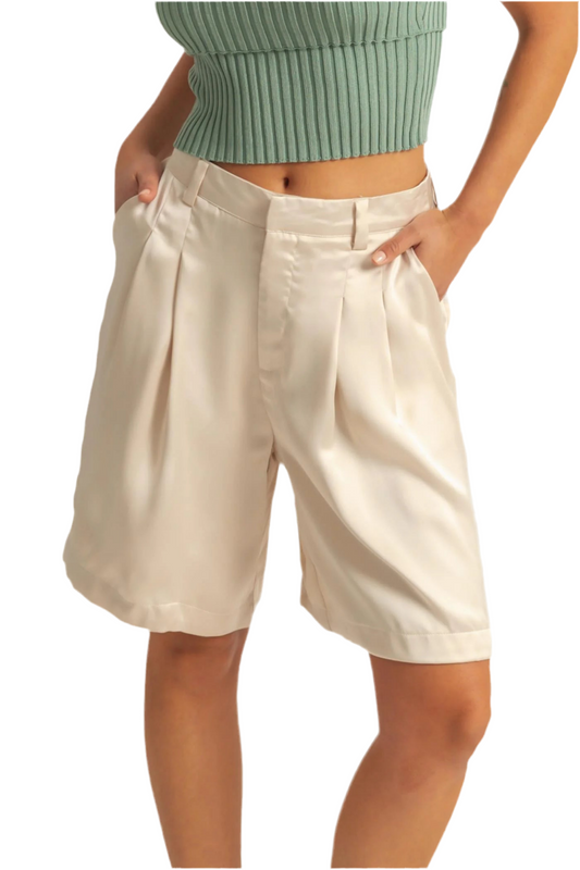 8586: PLEATED SATIN SHORTS