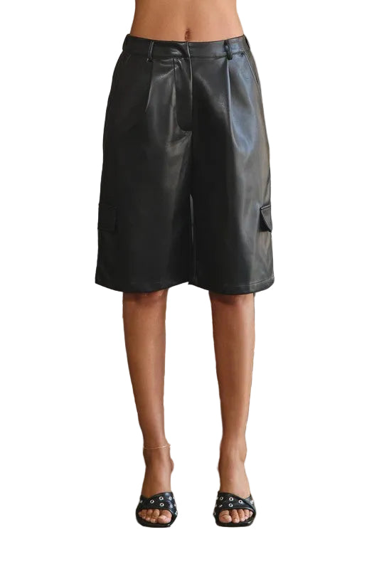 8586: VEGAN LEATHER CARGO BERMUDA SHORTS