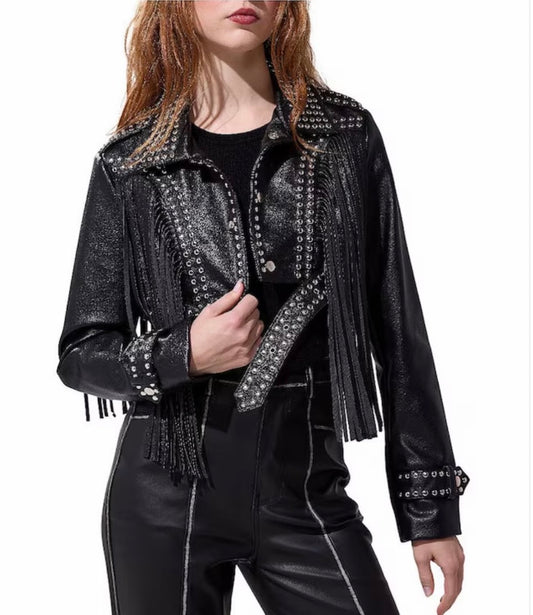 AZALEA WANG Oakley Fringe Studded Moto Cropped Jacket