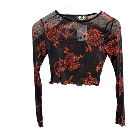 8586: MESH CHINESE DRAGON CROP TOP