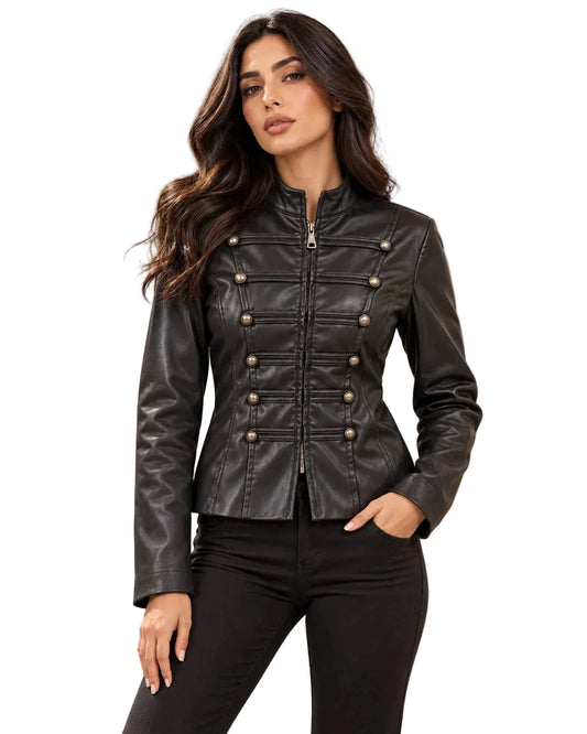 NO VACANCY FAUX LEATHER MILITARY JACKET