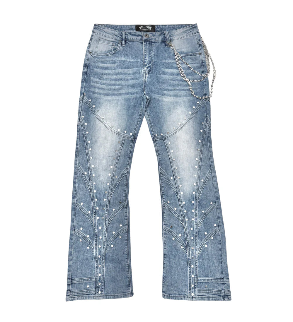 VICIOUS DENIM: STUDDED POCKET CHAIN JEANS