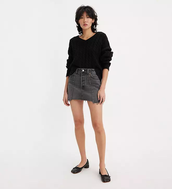 LEVIS: Recrafted Icon Raw Hem Denim Miniskirt (front view on model)