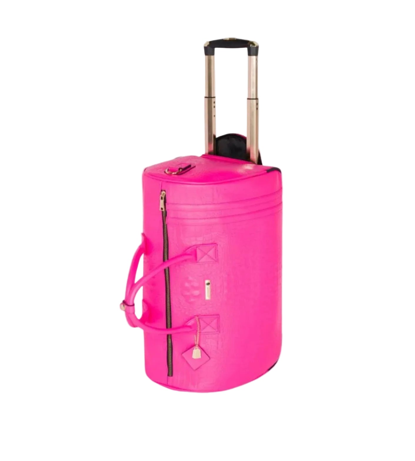 TOTE & CARRY: STATEMENT TRAVELER ROLLING DUFFLE IN NEON PINK