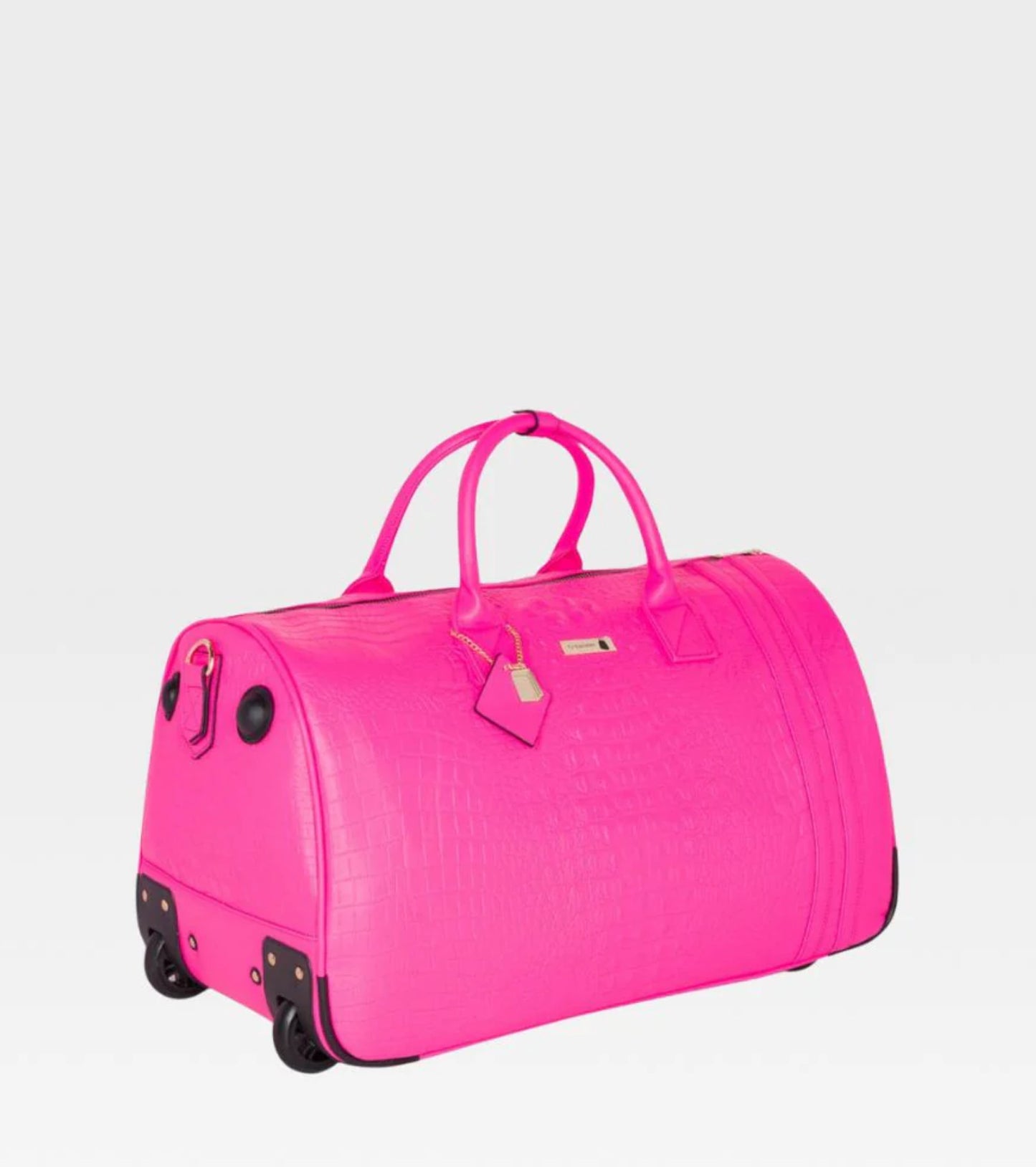 TOTE & CARRY: STATEMENT TRAVELER ROLLING DUFFLE IN NEON PINK