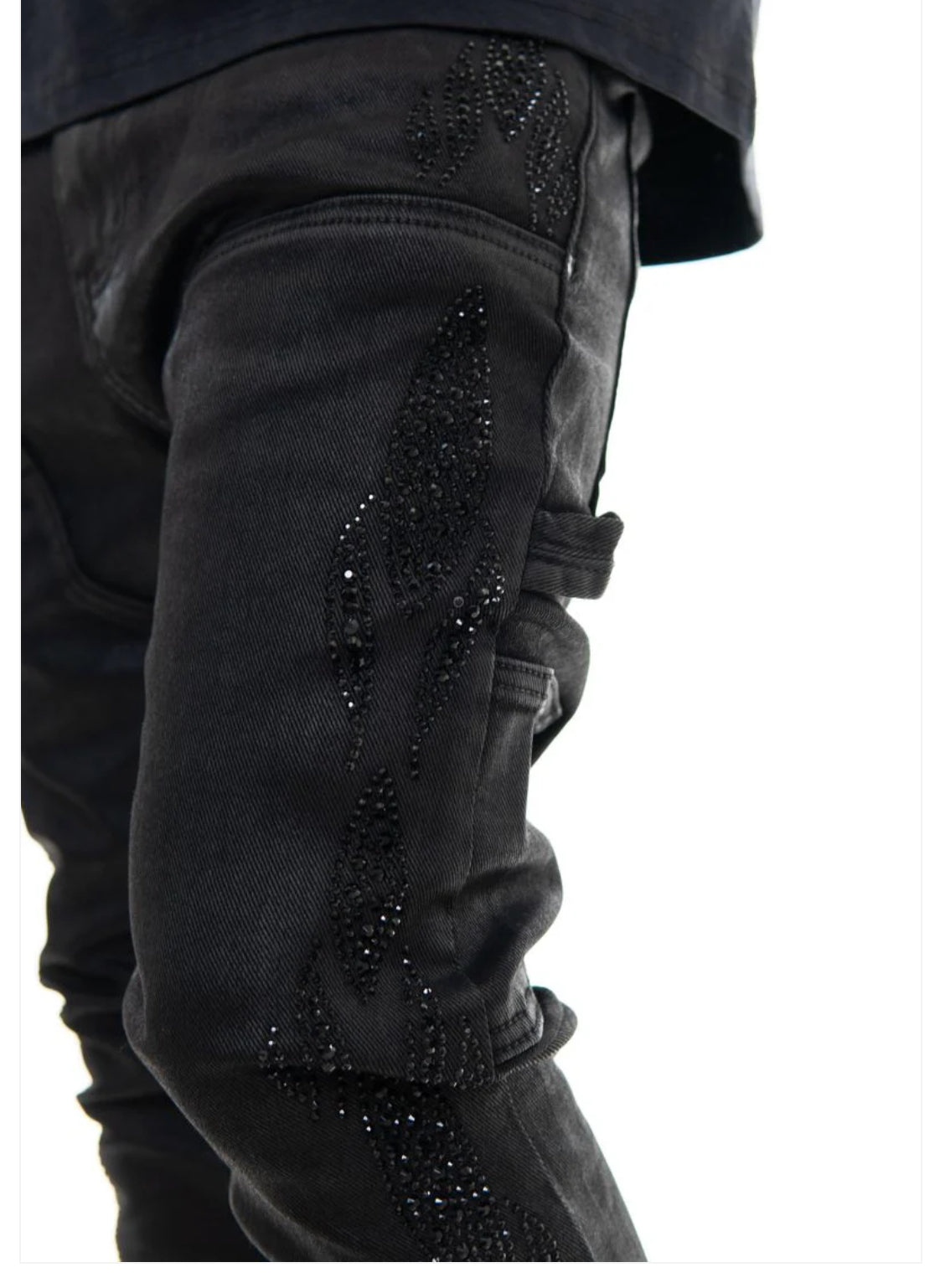 VICIOUS DENIM: WAX  COATED BLACK STUDDED JEANS