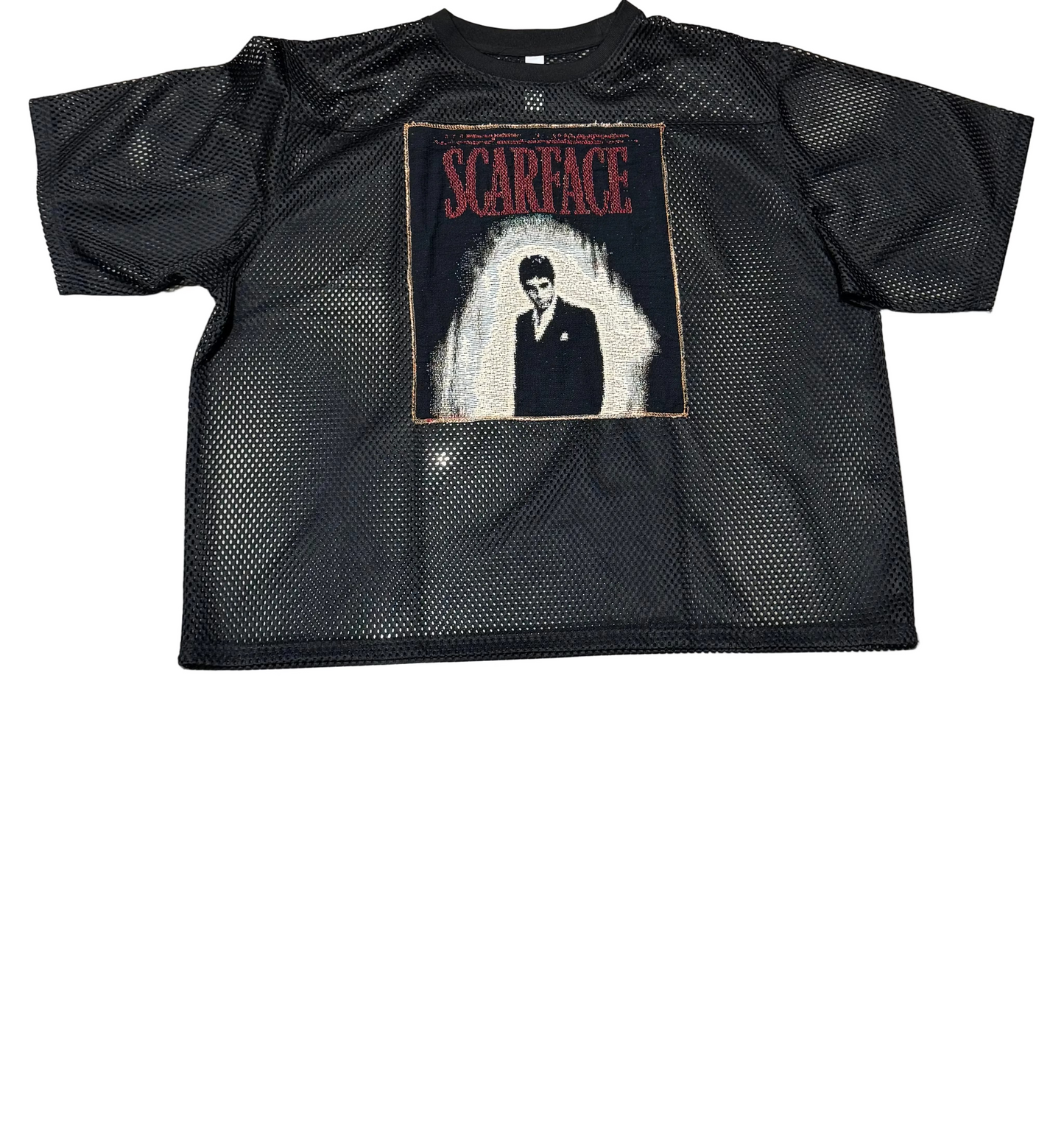 ANGEL GENTLE: JERSEY MESH TAPESTRY TOP - BLACK